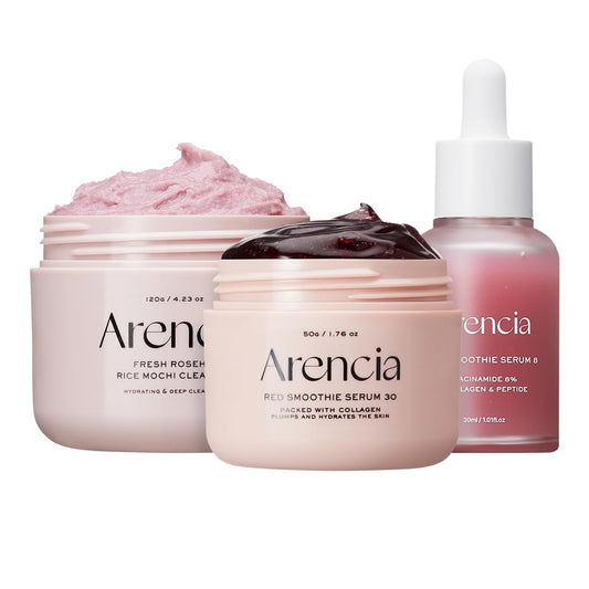 Red Collagen Jello Skin Trio - Poreless Skin Routine [Rosehip Rice Mochi Cleanser + Overnight Glow Mask Serum + Red Smoothie Serum]