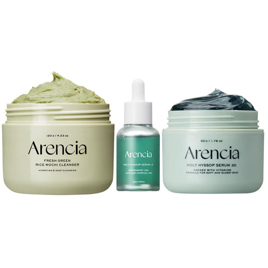 Glass Skin Starter Trio - Spotless Skin Routine [Korean Rice Mochi Facial Cleanser + Glow Hyssop Overnight Mask Serum + Hyssop serum 12]